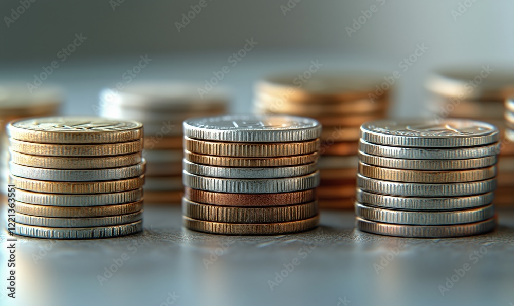 Stacks of coins arranged in a neat formation showcasing different denominations and colors Stacks of coins arranged in a neat formation showcasing different denominations and colors