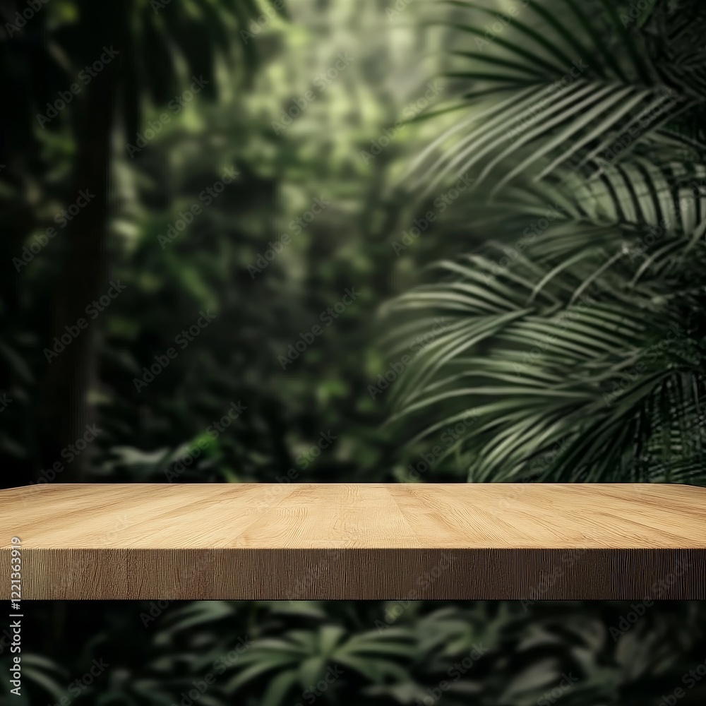 Empty top of wooden table and blurred tropical background. For product display Empty top of wooden table and blurred tropical background. For product display