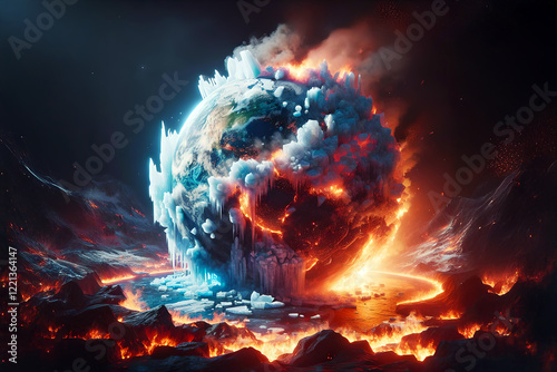 Climat change. A world globe with melting ice and burning fires everywhere