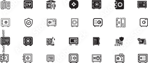 Safe box icon set, protection, security, business, money, safe, safety, box, storage, lock, bank, secure, finance, banking, treasure, door, steel, wealth, password, code, metal, vault, financial.