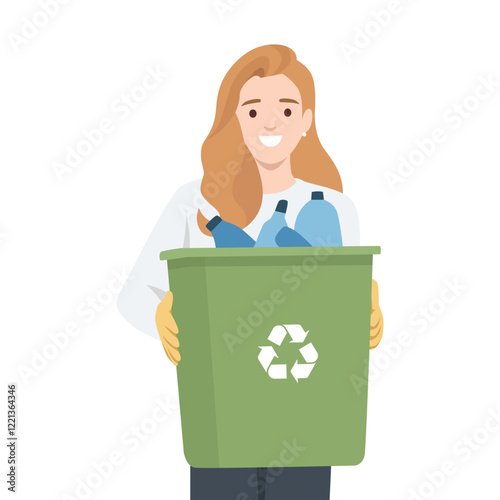 Woman holding a green recycling bin filled with plastic bottles, promoting eco conscious living. Flat vector illustration isolated on white background