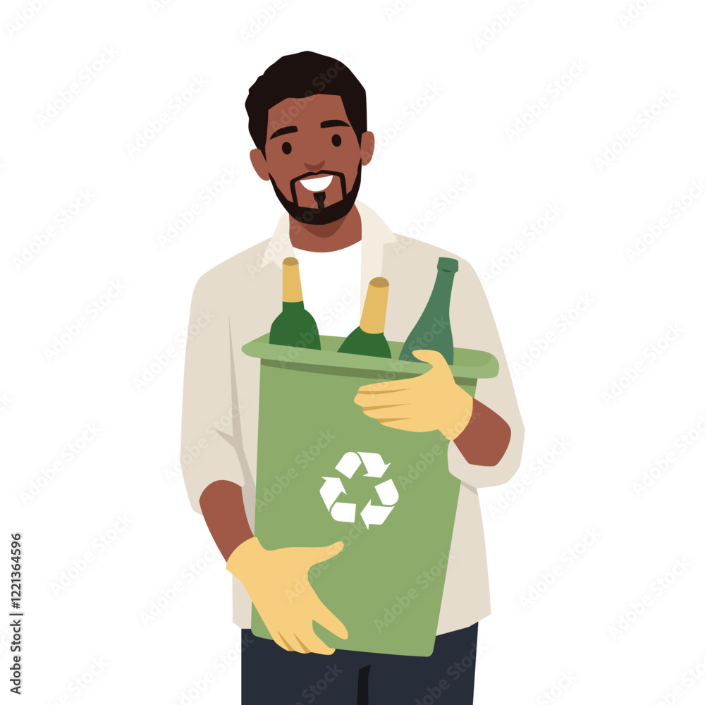 Man holding a green recycling bin filled with glass bottles, sustainable living. Flat vector illustration isolated on white background Man holding a green recycling bin filled with glass bottles, sustainable living. Flat vector illustration isolated on white background