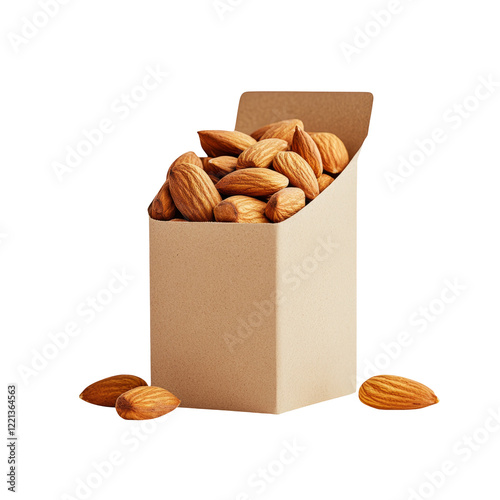 A box filled with almonds isolated on a transparent background