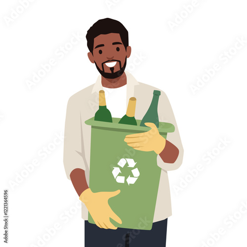 Man holding a green recycling bin filled with glass bottles, sustainable living. Flat vector illustration isolated on white background