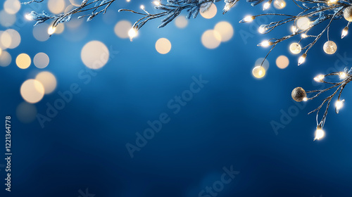 Blue background with lights on a tree branch. Minimalistic background.