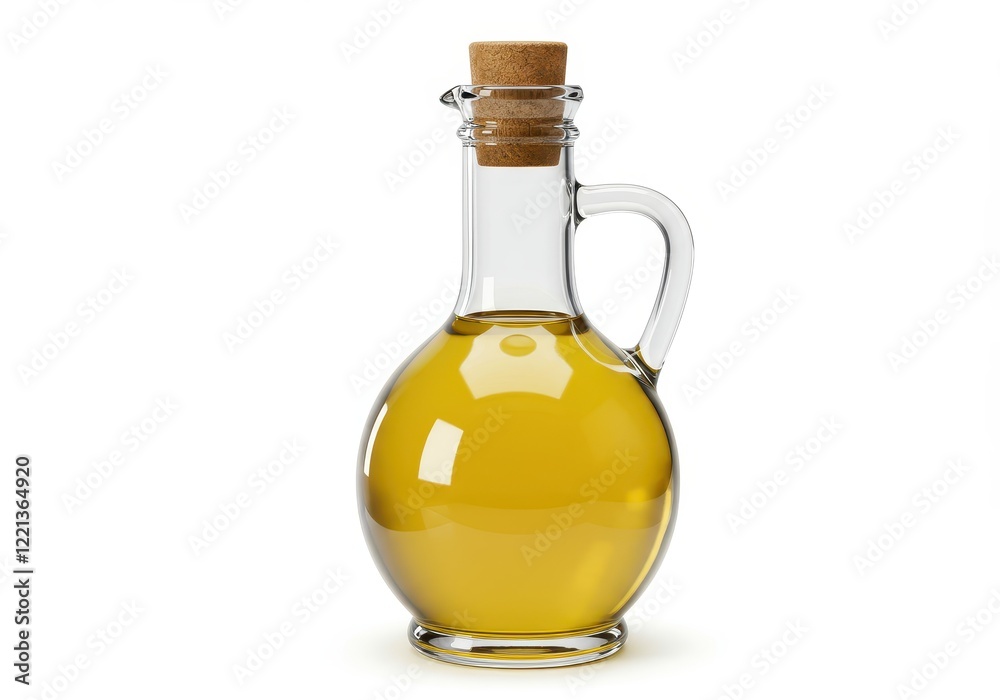 A 3D transparent glass oil bottle with a rounded body isolated on white background
