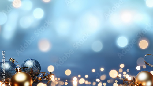 Blue background with two blue Christmas ornaments hanging from a ribbon. The background is blurry and the ornaments are shiny. Minimalistic blue background.