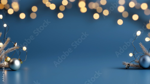Blue background with Christmas lights and a tree branch. Minimalistic background.