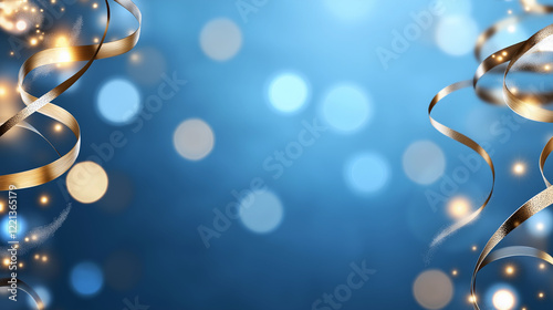Blue background with gold ribbons and a lot of light. Minimalistic background.