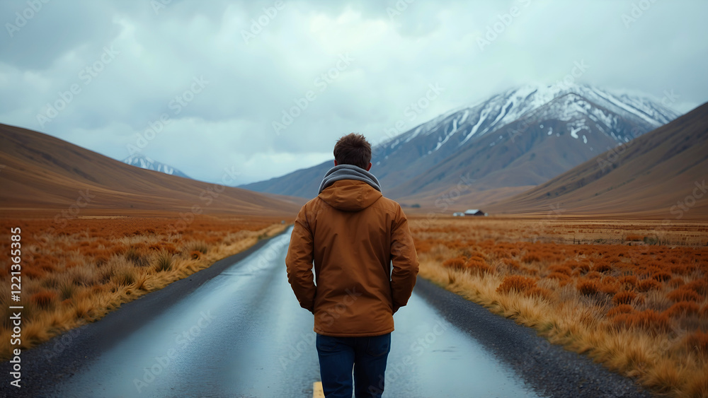 Fototapeta premium Solitary figure walking on empty road toward majestic mountains under muted sky for adventure and freedom inspiration