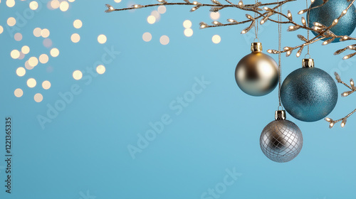 Three Christmas ornaments hanging from a branch. Minimalistic background.