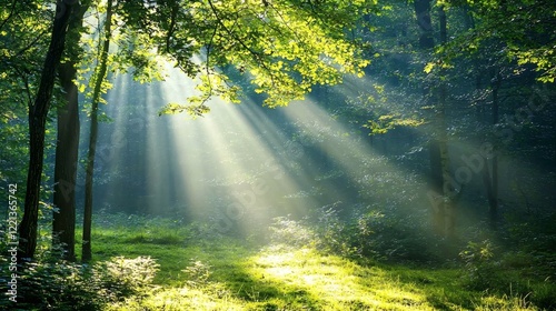 2. A misty forest with sunlight breaking through the trees, casting an ethereal glow on the ground