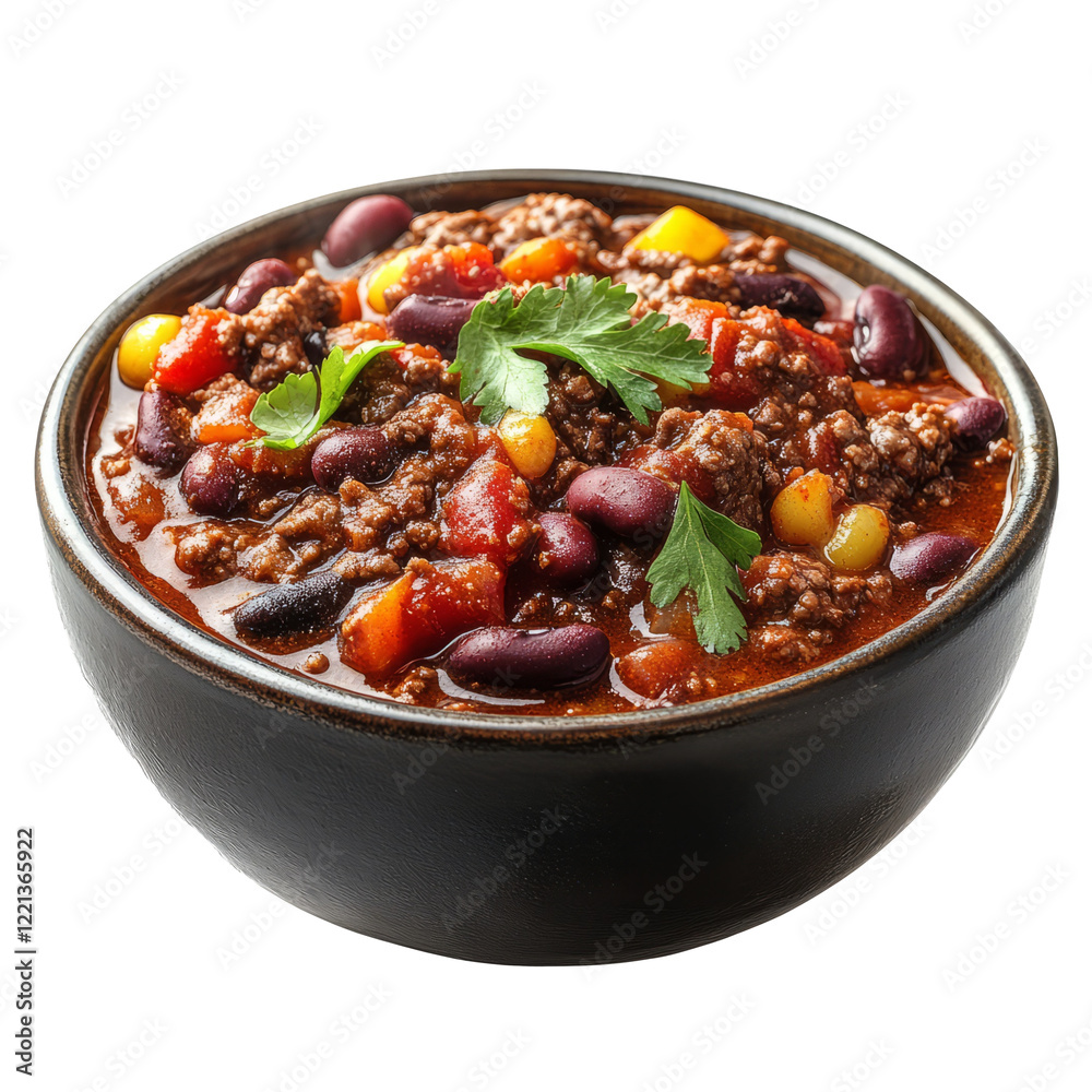 Bowl of hearty chili with beans and vegetables on a transparent background Bowl of hearty chili with beans and vegetables on a transparent background