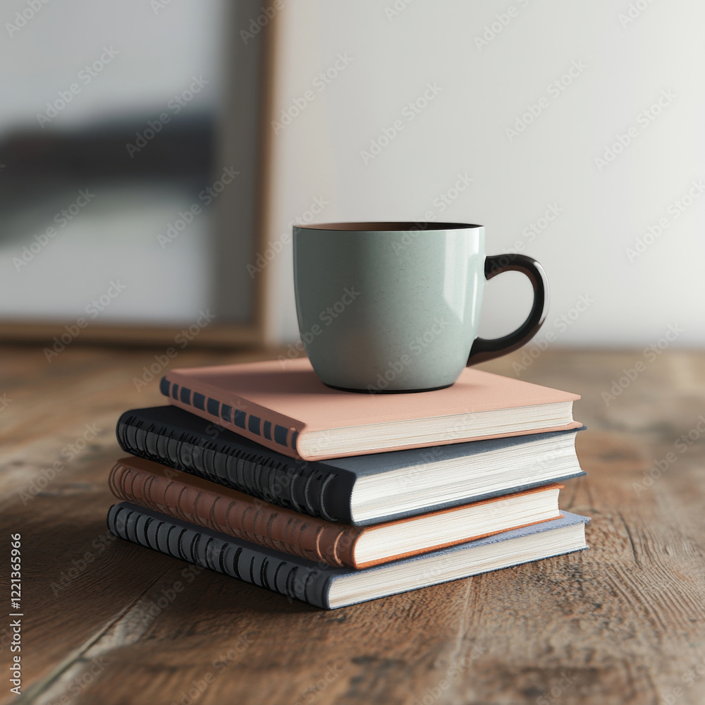 stack of notebooks with coffee cup on top, set on wooden table stack of notebooks with coffee cup on top, set on wooden table