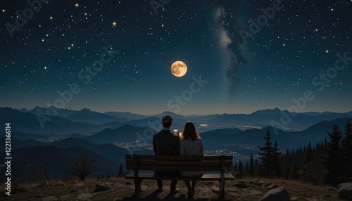A couple sitting on a wooden bench at a mountain viewpoint, sipping warm drinks as they admire the night sky filled with stars and a glowing full moon