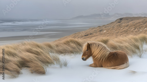Icelandic Horse Resting in Snowy Dunes by the Ocean