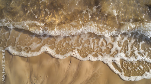 view of gentle waves forming intricate patterns as they wash up on the sandy beach  photo