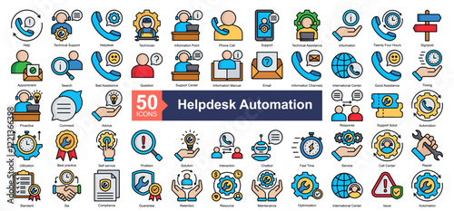 Helpdesk Automation Icon Collection Set.Containing Help, Technical Support, Helpdesk, Technician, Information Point, Phone Call, Support icon. Simple lineal style Vector Illustration.	
