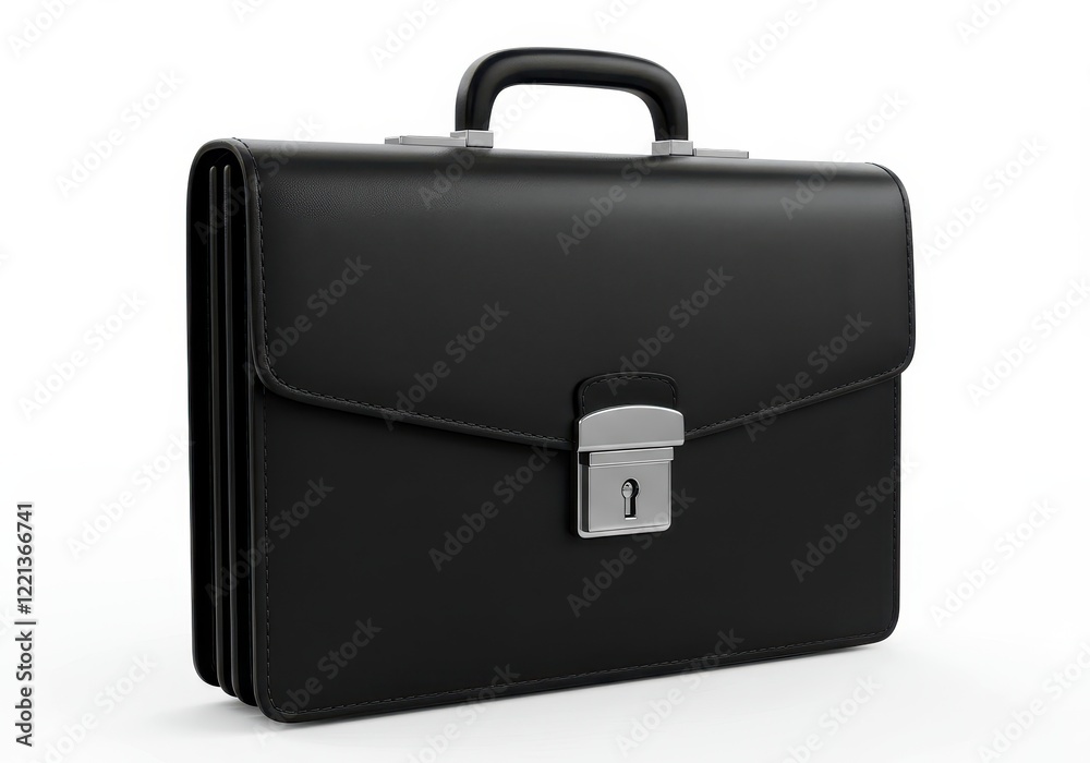 A 3D black leather briefcase with a smooth glossy texture and a silver metallic lock on the front isolated on white background A 3D black leather briefcase with a smooth glossy texture and a silver metallic lock on the front isolated on white background
