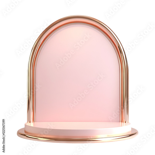 Elegant arch-shaped display stand with soft pink lighting on a transparent background