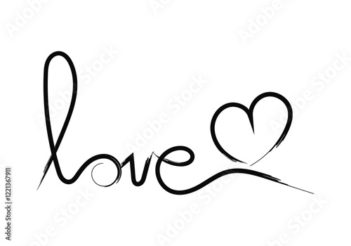 Texto de palabra amor con corazón en trazo de pincel negro