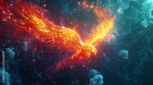 40. A glowing phoenix rising from the ashes in a vivid ethereal display