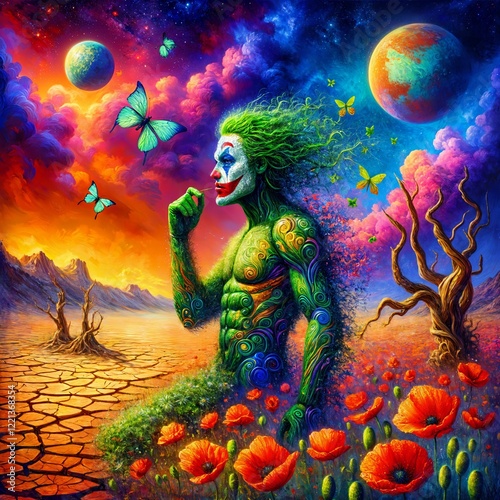 A surreal scene depicts a green-skinned, clown-faced being in a landscape with swirling patterns and vivid colors. Butterflies flit in the air, while planets hover in the colorful sky,  (Gen, A.I.)