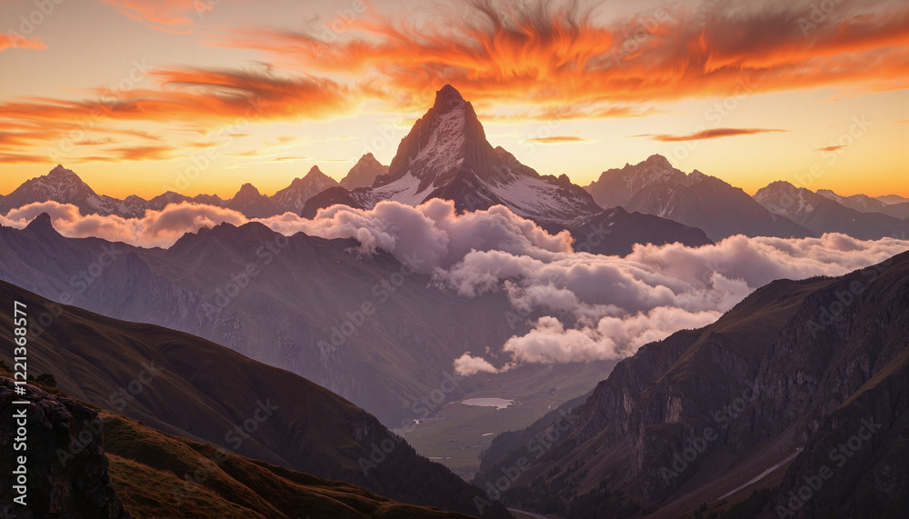 Naklejka premium Majestic mountain range at sunset, nature's tranquil beauty