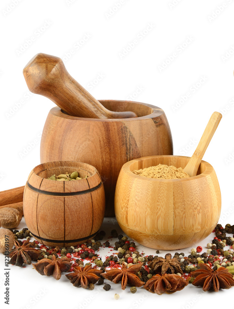 mortar, pestle and spice set isolated on white background. Free space for text. mortar, pestle and spice set isolated on white background. Free space for text.