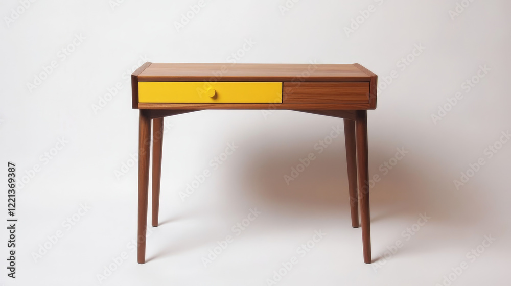 A compact wooden desk with clean lines and a single pop of yellow, such as a drawer or edge detail. A compact wooden desk with clean lines and a single pop of yellow, such as a drawer or edge detail.