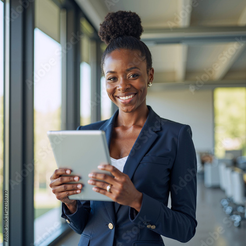 Professional Woman Smiling with Tablet in Spacious Office Setting photo