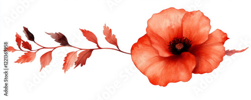 vibrant watercolor illustration of red flower with delicate leaves, showcasing natural beauty and elegance
