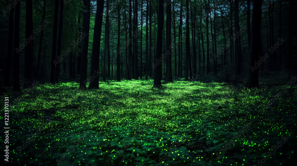 Obraz premium Dark Forest at Night with a Deep Black Sky, Contrasting with the Vibrant Green Glow of Bioluminescent Plants Illuminating the Ground Below