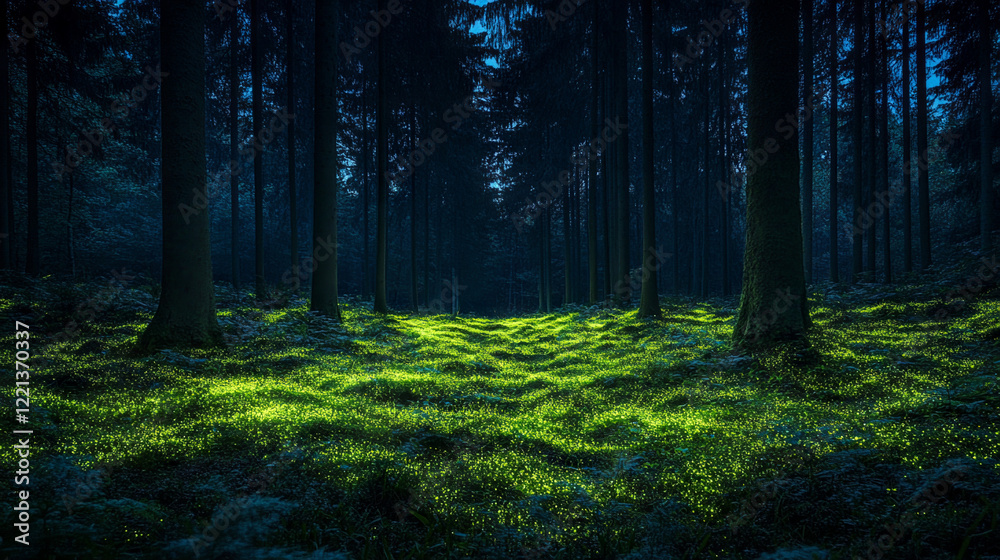 Obraz premium Dark Forest at Night with a Deep Black Sky, Contrasting with the Vibrant Green Glow of Bioluminescent Plants Illuminating the Ground Below