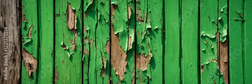 A close-up of weathered wooden fence planks with vivid green paint peeling to reveal natural wood underneath. The rough texture and intricate decay evoke rustic charm and authenticity.