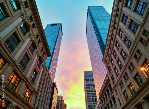 City Buildings Silhouetted Against a Pink Sky Background photo