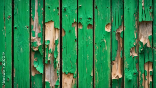 A close-up of weathered wooden fence planks with vivid green paint peeling to reveal natural wood underneath. The rough texture and intricate decay evoke rustic charm and authenticity.