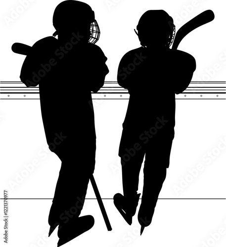 Canvas Print Two Youth HOCKEY players, friends, teammates, siblings, brothers, seen from behi