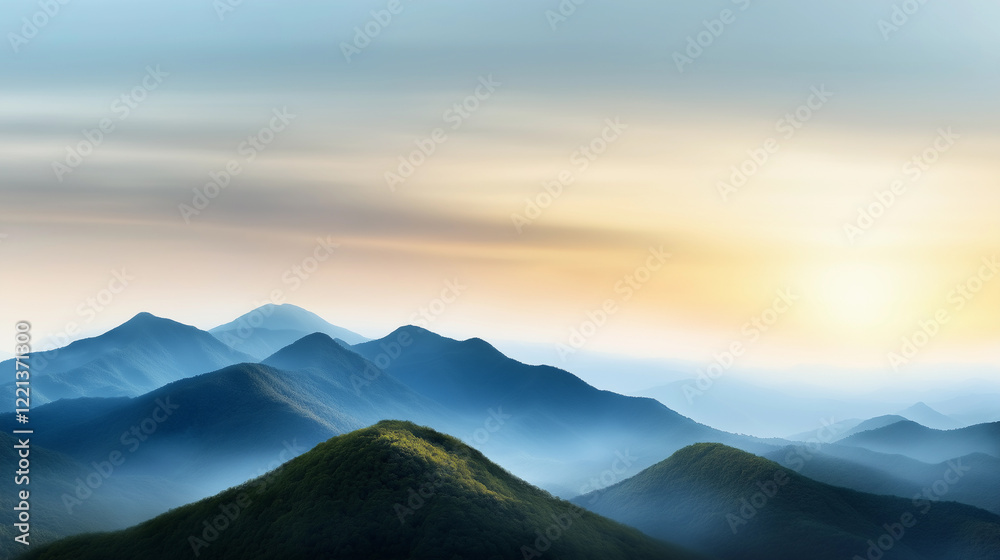 Mountain range with a blue sky and a sun in the background. Minimalistic background. Mountain range with a blue sky and a sun in the background. Minimalistic background.
