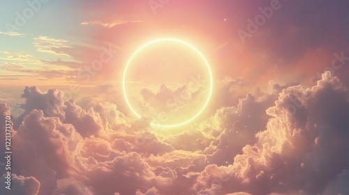 83. A glowing ring floating in the sky surrounded by ethereal clouds