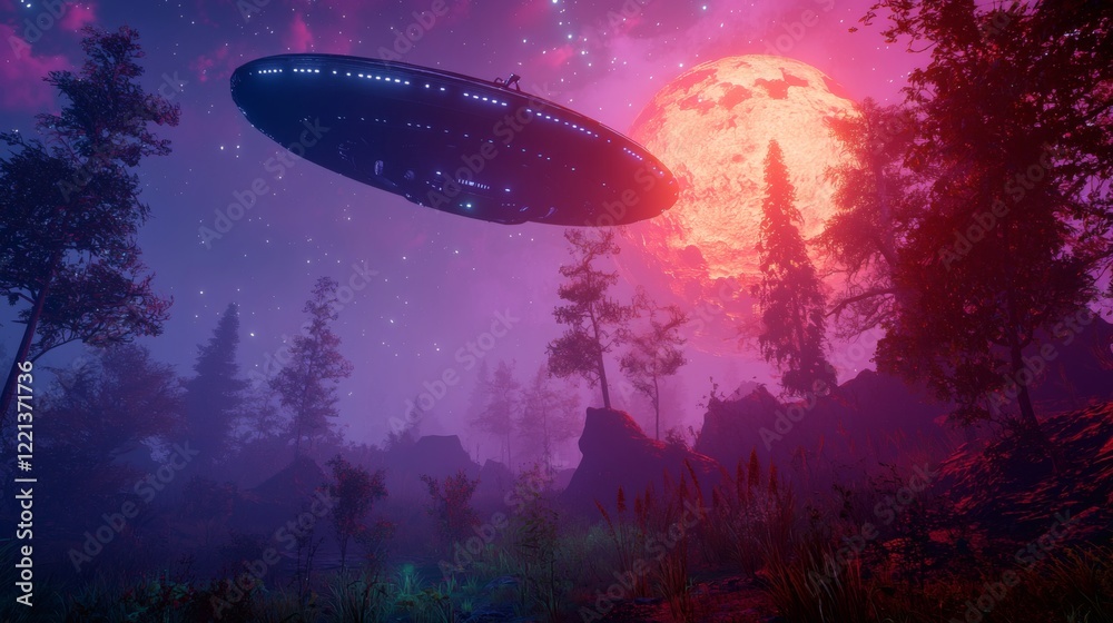 87. A glowing spaceship hovering above an ethereal alien landscape 87. A glowing spaceship hovering above an ethereal alien landscape