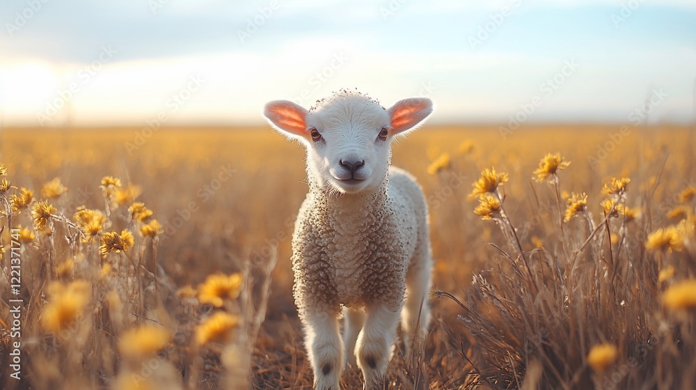 Fototapeta premium Cute lamb standing in a yellow flower field at sunset.