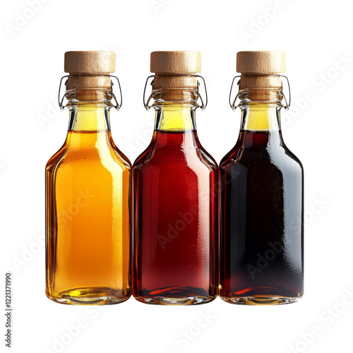 Three glass bottles filled with different colored liquids on a transparent background photo