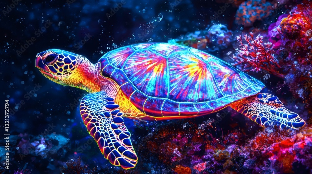 105. A glowing turtle swimming in an ethereal underwater world filled with coral 105. A glowing turtle swimming in an ethereal underwater world filled with coral