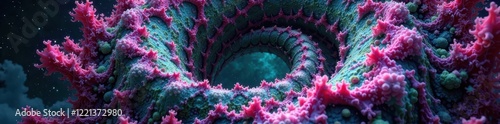 Intricate magenta & green fractal patterns swirl in a cosmic loop , art, pattern, vibrant
