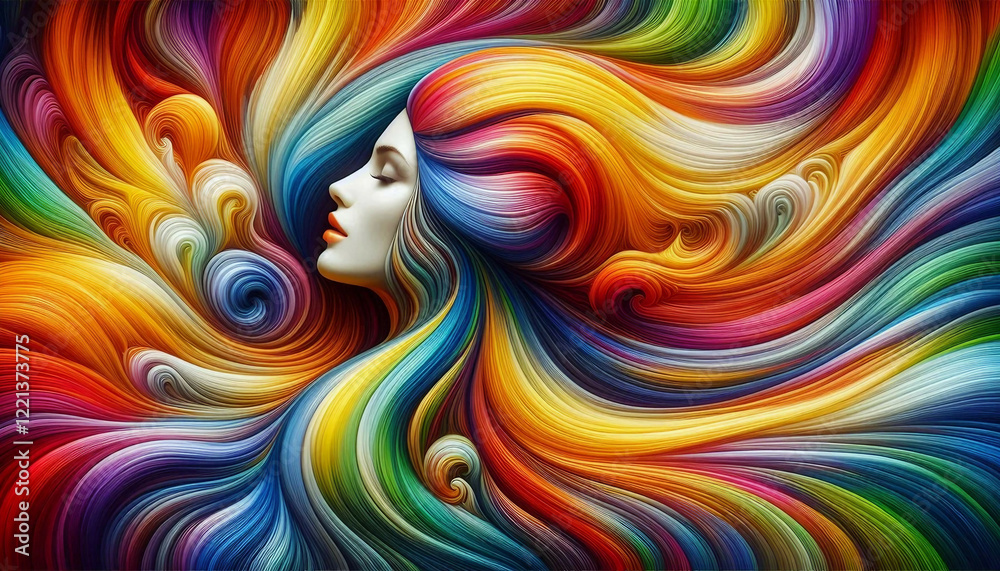 Fototapeta premium Abstract portrait of a beautiful young woman with a whirlwind of multi-colored hair. Beauty salon poster. Pretty girl with long multi-colored hair fluttering in the wind.