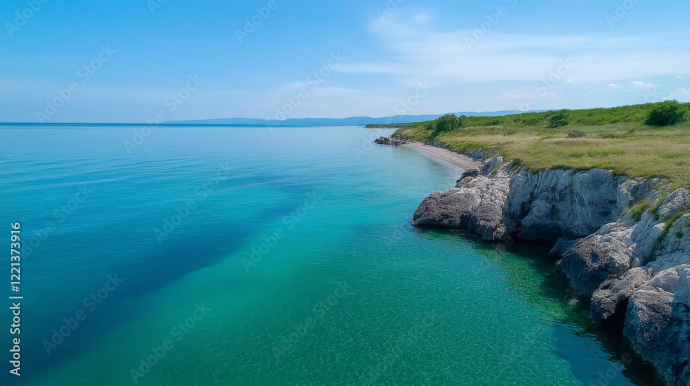 Obraz premium Body of water with a rocky shoreline. Minimalistic background.