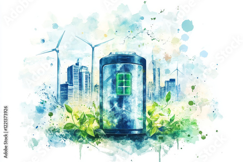 vibrant watercolor illustration of battery surrounded by greenery and wind turbines, symbolizing renewable energy and sustainability