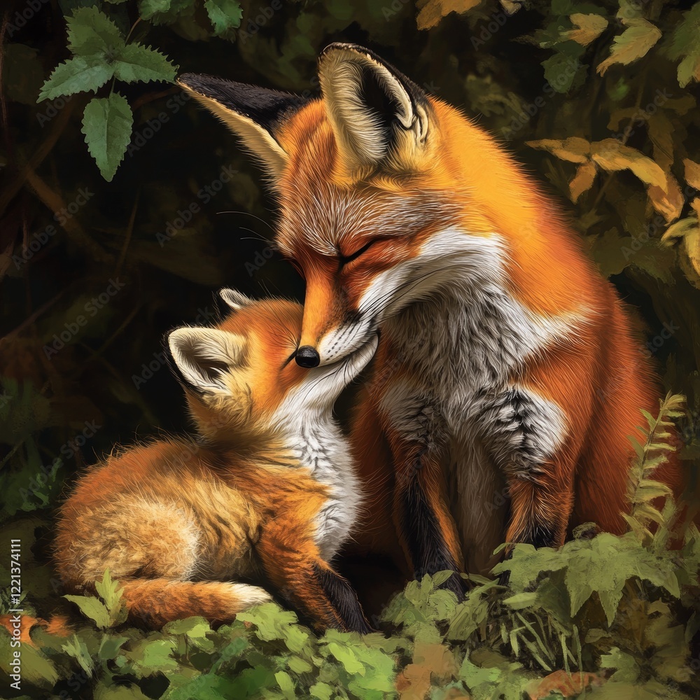 Obraz premium A mother fox and her fluffy baby share a gentle moment of affection amidst the lush foliage of a forest, embodying nature's tenderness and familial bond.