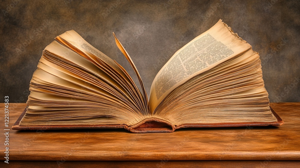 Obraz premium An open old book with yellowed pages resting on a wooden table with a dark background